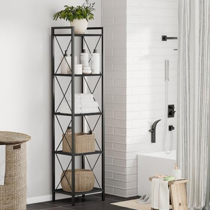 Homhedy 5 Tier Small Bookshelf, Tall Narrow Bookcase, Metal Book Shelf | Industrial Style for Small Spaces, Home, Office, Living Room, Kitchen, Bedroom , 10.4" D x 13" W x 55.1" H, Black - color: Black, size: 10.4"D x 13"W x 55.1"H