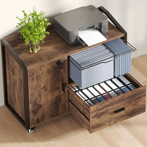 HSH Mobile File Cabinet with Lock, 1-Drawer Rolling lateral Filling Cabinet on Wheels, Wood Printer Stand with Open Storage Shelves & Hanging File Rack, File Cabinets for Home Office,Rustic Brown,33In - color: Rustic Brown, size: Small Drawer and Lockable