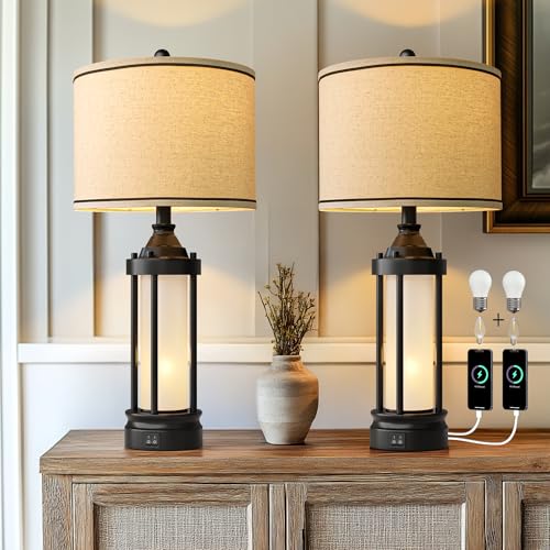 25'' Table Lamps for Bedroom Living Room Lamps Set of 2 Farmhouse Nightstand Bedside Lamps with USB Ports, Built-In Frosted Glass Night Light Industrial Metal Night Stand Lamp, Bulbs Included, Black - color: Metal Black - Set of Two