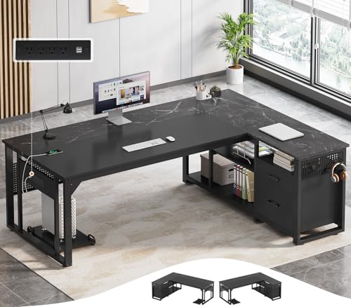UPOSOJA 71" L Shaped Executive Desk, Office Desk with Storage Drawers - color: Black, size: 2 Drawers