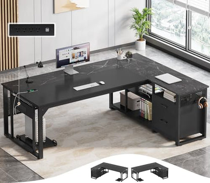 UPOSOJA 71" L Shaped Executive Desk, Office Desk with Storage Drawers - color: Black, size: 2 Drawers