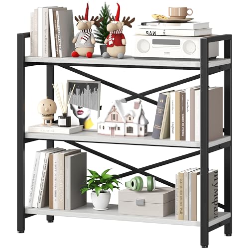 Homeiju 3 Tier Bookshelf 31.49" Width, Wood and Metal Etagere Bookcase, Vintage Farmhouse Modern Wooden Big Book Shelf for Home Living Room Bedroom Office Storage(White) - color: White, size: 3 Tier - 31.5" W