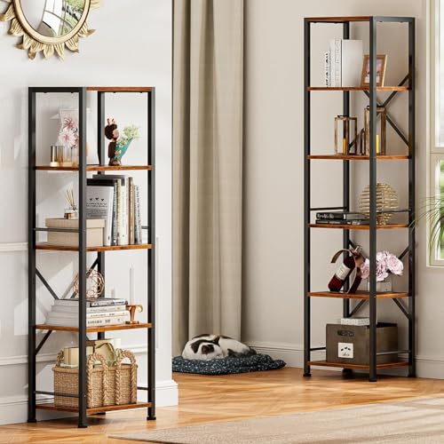 Furologee 6 Tier Tall Bookshelf, Industrial Narrow Bookcase, Display Standing Shelf Units, Metal and Wood Storage Rack Organizer for Living Room, Home Office, Entryway, Kitchen, Rustic Brown | 59.6'' Tall Industrial Display Shelf, Freestanding Units for B