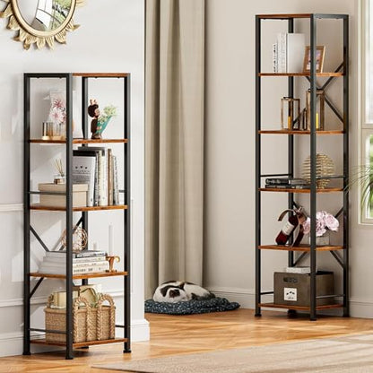 Furologee 6 Tier Tall Bookshelf, Industrial Narrow Bookcase, Display Standing Shelf Units, Metal and Wood Storage Rack Organizer for Living Room, Home Office, Entryway, Kitchen, Rustic Brown | 59.6'' Tall Industrial Display Shelf, Freestanding Units for B