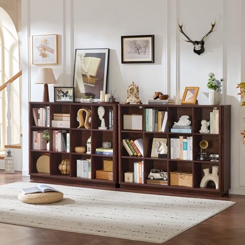 Joaxswe 12 Cube Storage Organizer, 41" Large Bookshelf with Curved Edge, Wood Floor Standing 3-Tier Cubby Bookcase w/Base, Vintage Display Storage Cabinet, Book Case for Living Room, Office, Walnut - color: Walnut, size: 12 Cube (11.81"D x 52.75"W x 41"H)
