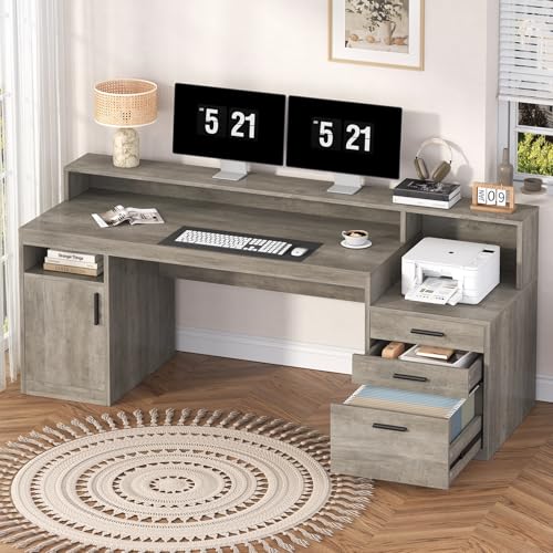 YOMILUVE 65" Computer Desk with 3 Drawers & Printer Shelf for Home Office - color: Grey