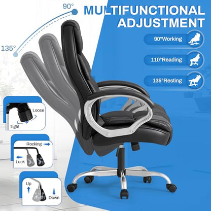 Furmax Leather High Back Office Chair Ergonomic Executive Office Chair Swivel Computer Desk Chair Lumbar Support Soft Cushioned Padded Arms (Black) - color: Black