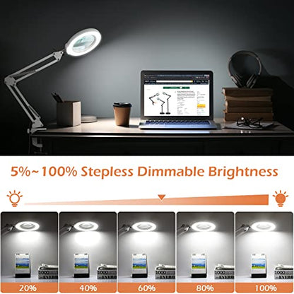 12X Real Glass Magnifying Glass with Light and Stand, LED 5 Color Modes, Stepless Dimmable Magnifying Floor Lamp, 3-in-1 Adjustable Swing Arm Lighted Magnifier Lamp with Clamp for Craft - White - color: White