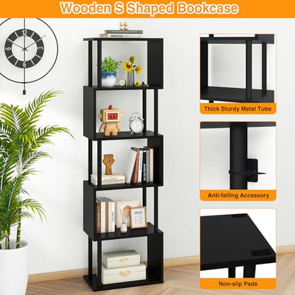 IBUYKE 6-Tier Tall Bookshelf,S-Shaped Geometric Bookcase,Black WBC016B - color: Black, size: 6 Tier