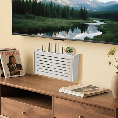 Router Shelf Wall Mount WiFi Router Box Hider Modem Cover with Cable Management Power Strip Organizer Storage Box Multiple Cable Holes (White)