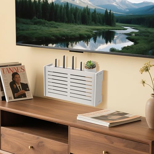 Router Shelf Wall Mount WiFi Router Box Hider Modem Cover with Cable Management Power Strip Organizer Storage Box Multiple Cable Holes (White)