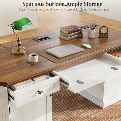 59" Classic Executive Desk with Storage, Victorian Executive Desk with Charging Station, Keyboard Tray, 3 Drawers & Cabinet Storage & Pedestal, Easy Assembly, White - color: White