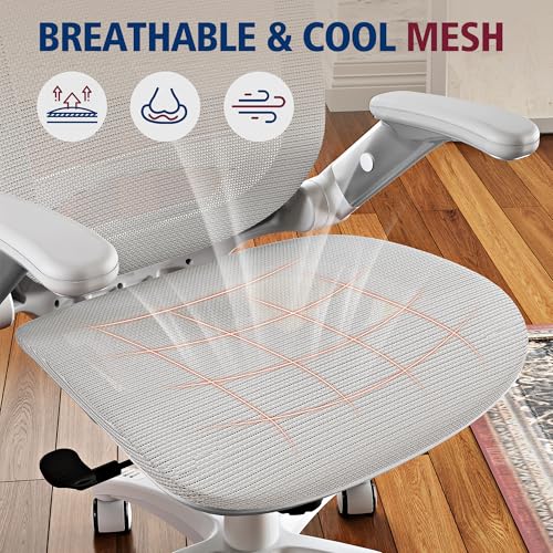 GABRYLLY Ergonomic Office Chair, High Back Home Desk Chair with Headrest, Flip-Up Arms, 90-120° Tilt Lock and Wide Cushion, 300LBS Mesh Chairs for Man Woman, White Task Chair(Grey,GY01WG) - color: White Frame Grey Mesh