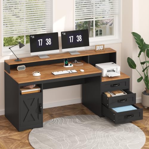 65" Farmhouse Computer Desk with Drawers and Printer Stand for Home Office - color: Brown and Black
