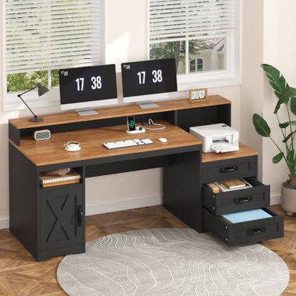 65" Farmhouse Computer Desk with Drawers and Printer Stand for Home Office - color: Brown and Black