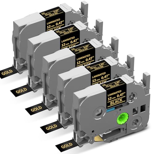 Replace for Brother P Touch Label Tape Gold on Black TZe-334 TZ Tape 12mm | TZe334 Laminated 0.47" for Brother Ptouch PT-D220 D210 H110 H103W D410 1280 D610BT Label Maker Refills, 1/2" x 26.2' , 5-Pack - color: Gold on Black