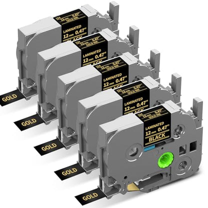 Replace for Brother P Touch Label Tape Gold on Black TZe-334 TZ Tape 12mm | TZe334 Laminated 0.47" for Brother Ptouch PT-D220 D210 H110 H103W D410 1280 D610BT Label Maker Refills, 1/2" x 26.2' , 5-Pack - color: Gold on Black
