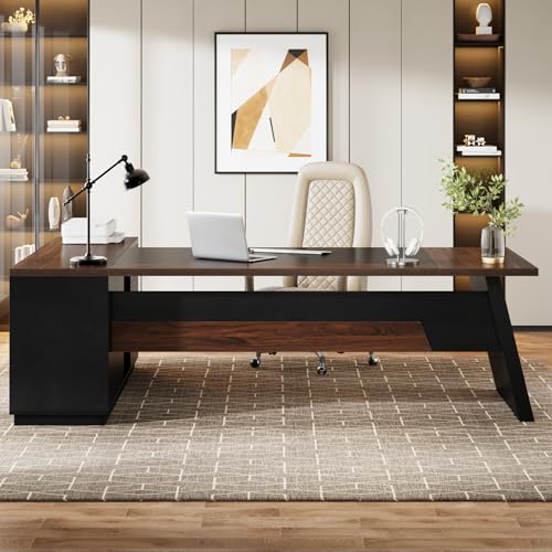 Tribesigns 78" L-Shaped Executive Desk, Large Office Desk with Drawers and File Cabinet, Modern Business Furniture for Home Office (Walnut & Black) - color: Walnut & Black