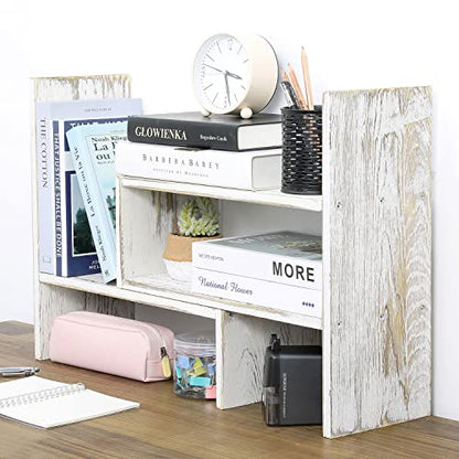 MyGift Adjustable Whitewashed Solid Wood Desktop Storage Organizer Display Shelf Book Rack, Office Desk Bookshelf - color: Whitewashed