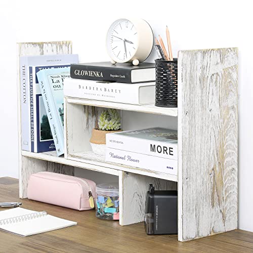 MyGift Adjustable Whitewashed Solid Wood Desktop Storage Organizer Display Shelf Book Rack, Office Desk Bookshelf - color: Whitewashed
