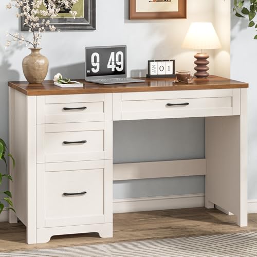 Halitaa Executive Desk with 3 Storage Drawers, Unique White | Farmhouse 47" Wood Computer Desk with File Drawer, Workstation for Home Office, Study, Writing - color: Unique White, size: without Charging Station