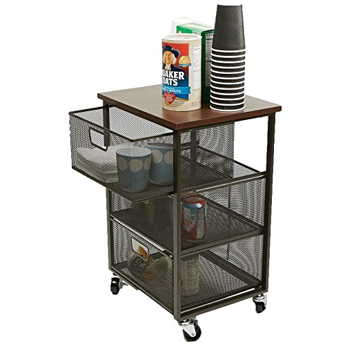 Mind Reader 3 Drawer Storage Organizer with Wood Top, Rolling Office Organizer Cabinet with Wheels, Office, Metal Mesh, Black - style: 3-Drawers with Wood Top