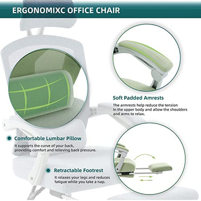 DUMOS Gaming Chair with Footrest, Home Office Desk Chair | High-Back Mesh Rolling Swivel with Wheels, Comfy Headrest, Arms, Lumbar Support, Elegant Green - color: Elegant Green, size: 23"D x 20"W x 50.75"H
