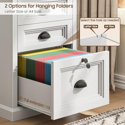 Halitaa Vertical File Cabinet, Filing Cabinet with 3 File Drawers & Lock, Farmhouse Small File Cabinet Fits Letter/A4 Size, Wooden Printer Stand, Home Office Cabinet, White - color: White, size: 3 Drawers