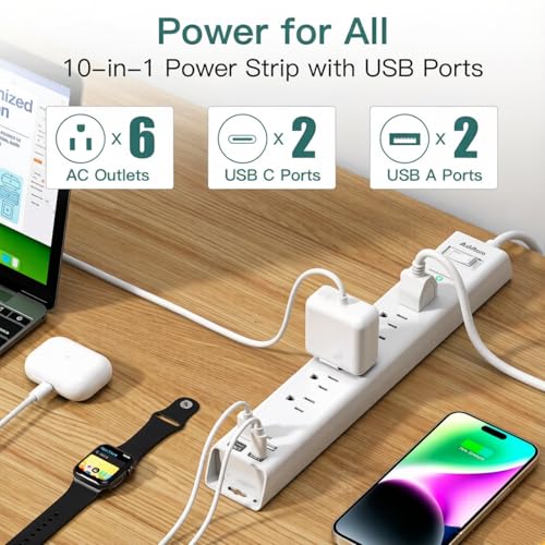 Addtam 10ft Power Strip Surge Protector, 6 Outlets and 4 USB Port (2 USB C) - color: White & White, size: 10 FT