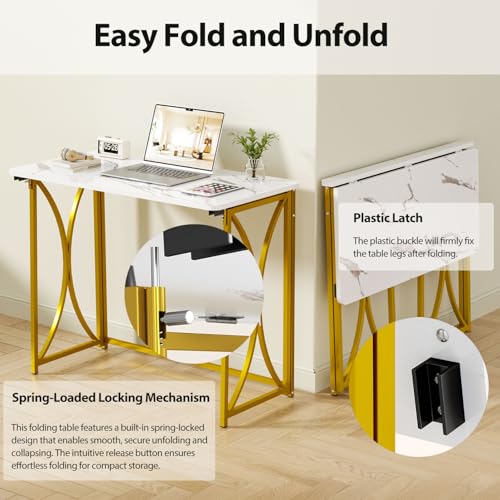 Folding Desk, 31.5" Small Desk for Bedroom, Space Saving Foldable Computer Desk for Home Office, Easy Assembly, White and Gold - size: medium size22