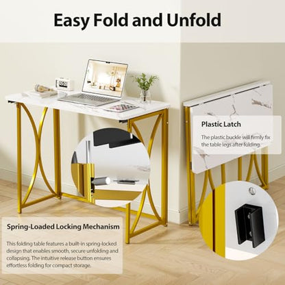 Folding Desk, 31.5" Small Desk for Bedroom, Space Saving Foldable Computer Desk for Home Office, Easy Assembly, White and Gold - size: medium size22