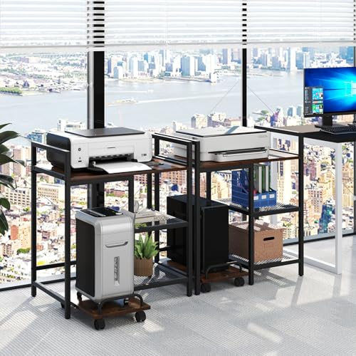 Giantex 3-Tier Printer Stand with Charging Station, 2 Open Storage Shelves, Side PC Stand on Wheels, 25" x 16" Mobile Printer Table for Computer Tower, Printer Shredder, Fax, Under Desk, Home Office - color: Rustic Brown & Black