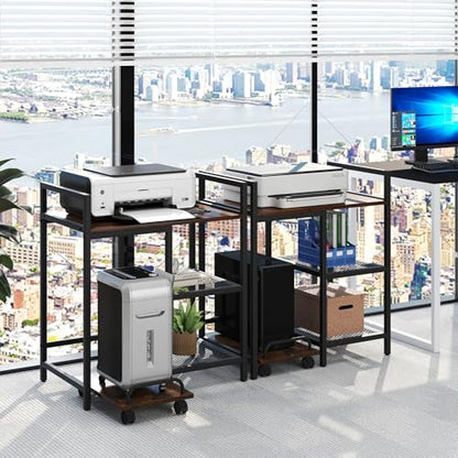 Giantex 3-Tier Printer Stand with Charging Station, 2 Open Storage Shelves, Side PC Stand on Wheels, 25" x 16" Mobile Printer Table for Computer Tower, Printer Shredder, Fax, Under Desk, Home Office - color: Rustic Brown & Black