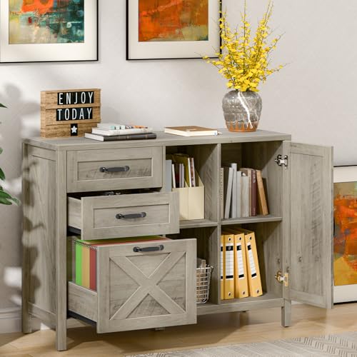 Halitaa Farmhouse Lateral File Cabinet with 3 Drawers and Door, Grey - color: Rustic Grey, size: 28.34"H