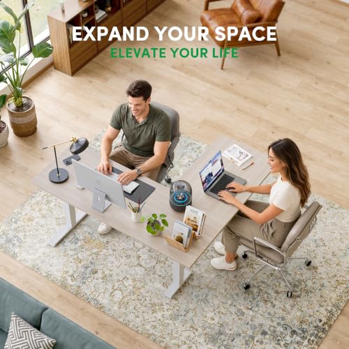 FEZIBO 63" x 55"L Shaped Standing Desk Adjustable Height, Electric Stand up Corner Computer Desk, Sit Stand Home Office Desk with Splice Board, Light Walnut Top/White Frame - color: Light Walnut, size: 63x55