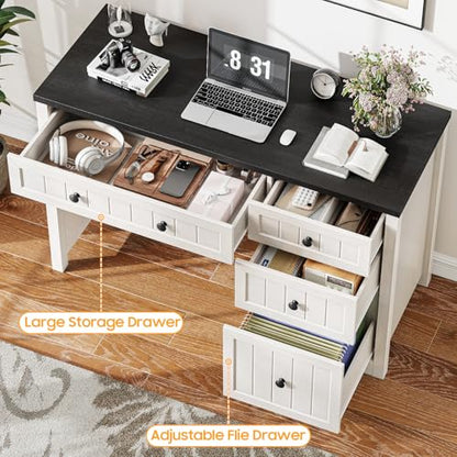 Vabches Farmhouse Executive Desk with 4 Drawers, Home Office Desk with File Drawer, Wood Computer Desk with Storage, Rustic Office Desk for Work Study Writing, Black White - color: Black White