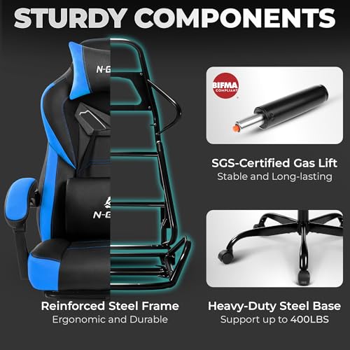 N-GEN GAMING Gaming Chair Big and Tall Computer Heavy Duty Office Desk Chair with Footrest Ergonomic Lumbar Support High Back Recliner for Adults (Blue) - color: Blue
