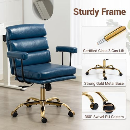 Leather Office Chair with Wheels,Ergonomic Swivel Rolling Task Chair,Padded Seat and Armrests,Adjustable Height Home Desk Chair,Executive Computer Chair, Gold Base Makeup Vanity Chair,Blue - color: Blue