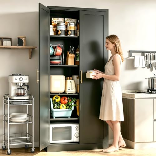71" Tall Kitchen Pantry Cabinet, Metal Kitchen Pantry Storage Cabinet with Doors and 4 Adjustable Shelves, Black Pantry Cabinet for Living, Dining Room, Bathroom - color: Black, size: 71" H&4 Shelves