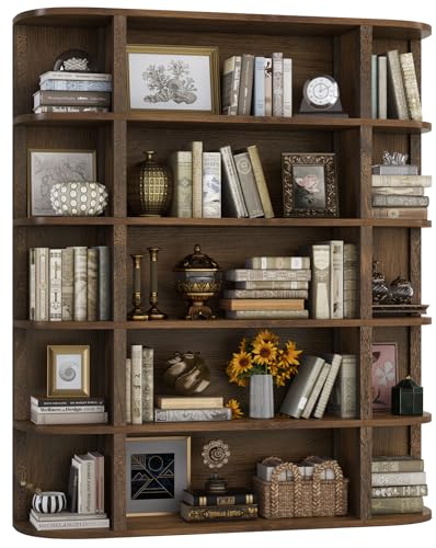 TVU 5-Tier Wood Book Shelf, 47" Wide Large Bookshelf and Bookcase, 62" Tall Bookshelf with Curved Side Shelves, Freestanding Wood Display Book Shelves for Living Room, Home Office, Walnut