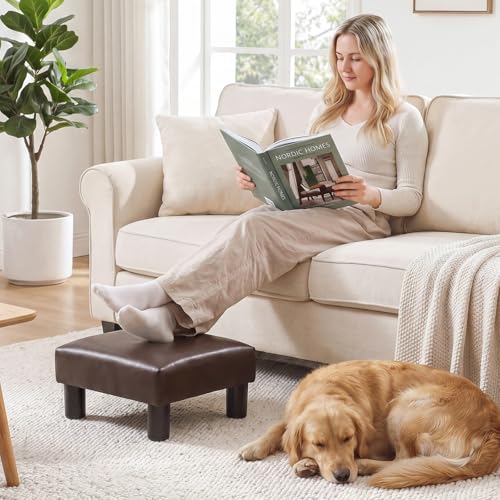 Joveco Small Foot Rest Stool Ottoman, 15" Leather Footrest Square Footstool with Non-Skid Plastic Legs, for Chair, Under Desk, Office, Living Room, Brown - color: Brown