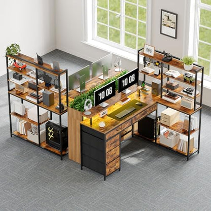L Shaped Computer Desk with Drawers, 53'' Gaming Desk with Storage Shelves, Corner Computer Desk with Power Outlets & LED Light, Home Office Desk with Monitor Stand and Pegboard, Rustic Brown