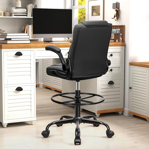 Drafting Chair, Tall Office Chair for Standing Desk, High Executive Leather Ergonomic Computer Chair with Adjustable Height and Flip-Up Armrest for Counter Height Desk, Black, Pack of 1 - color: Black