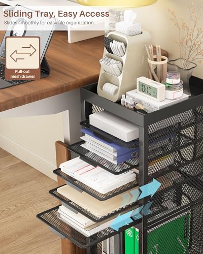 Rolling File Cart with 4 Dividers, Mobile File Cabinet with Wheels | Hanging File Folder Organizer, Under Desk Storage, Printer Stand Utility Cart Filing Cabinet for Home Office（Black）