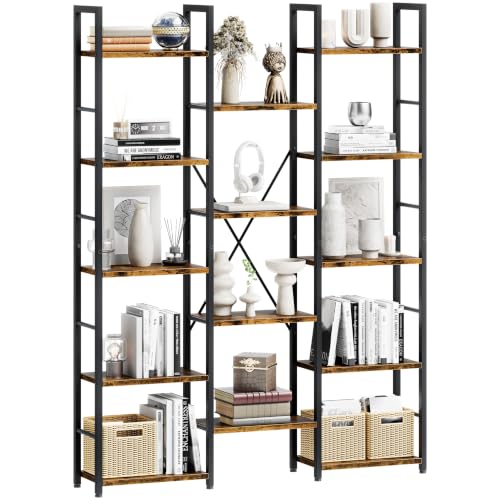 Shintenchi Triple Column 5 Tier Bookshelf, Industrial Large Bookcase Display Shelves, Large Etagere Bookshelf,Wide Book Shelf Book Case for Home & Office, Rustic Brown - size: 5-Tier