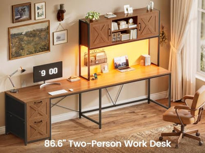 SEDETA Reversible Farmhouse L Shaped Office Desk with Drawer, Hutch - color: Brown