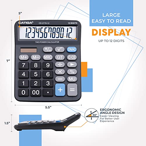 Premium Commercial 12-Digit Large Desktop Calculator with Huge 5-Inch LCD Display Screen, Giant Responsive Buttons, Battery and Solar Powered, Perfect for Home/Office Accounting Finance Use, CD-2776 - color: Black (Commercial)