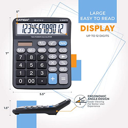 Premium Commercial 12-Digit Large Desktop Calculator with Huge 5-Inch LCD Display Screen, Giant Responsive Buttons, Battery and Solar Powered, Perfect for Home/Office Accounting Finance Use, CD-2776 - color: Black (Commercial)