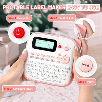 D210S Pink Label Maker Machine with-Tape, Portable Kids Label Maker - color: Pink