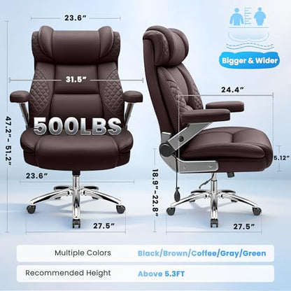 Big and Tall Office Chair for Heavy People, 500LBS Wide Seat Computer Desk Chair, Extra Large Executive Gaming Chair with Adjustable Lumbar Support and 5D Flip Arms, Comfy Heavy Duty Office Chair - color: Coffee